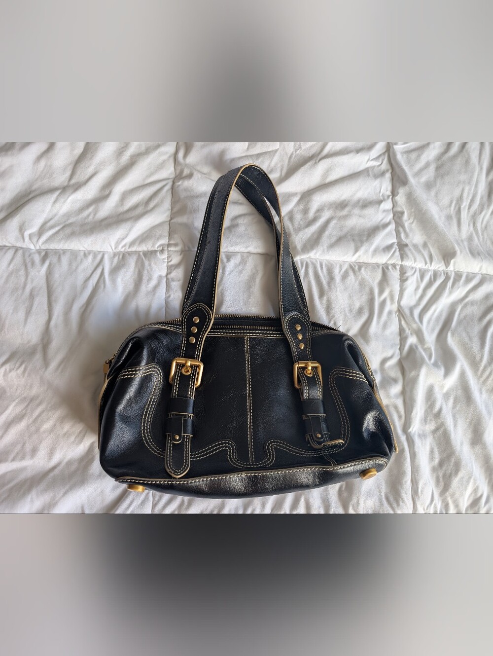 MAXX New York Black Leather Double-Handle Satchel with Gold Hardware